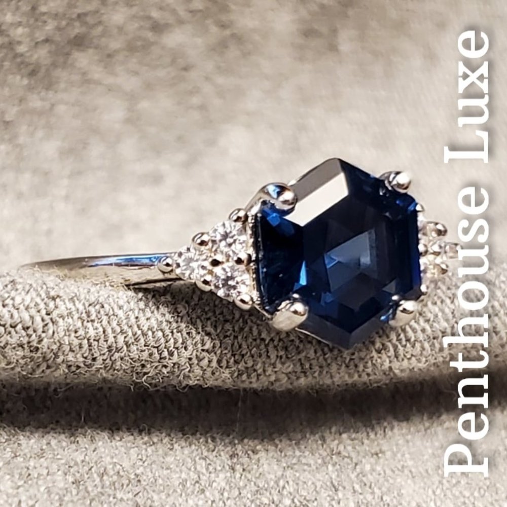 SOLID 925 Sterling Silver London Blue Topaz Hexagon White Topaz Ring - Picture 3 of 8